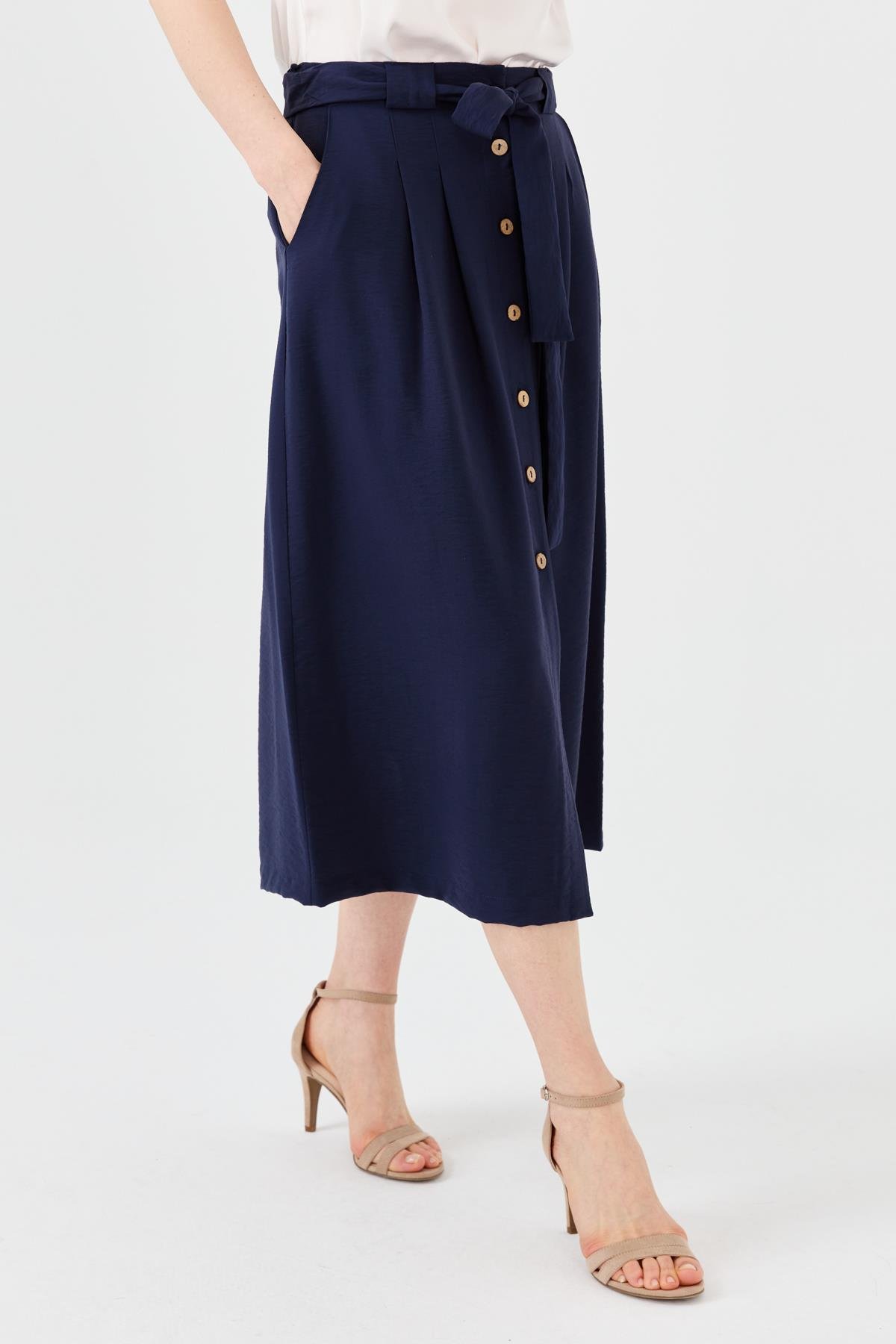 23487Kadın Beli Kuşaklı Önü Düğmeli Etek Lacivert