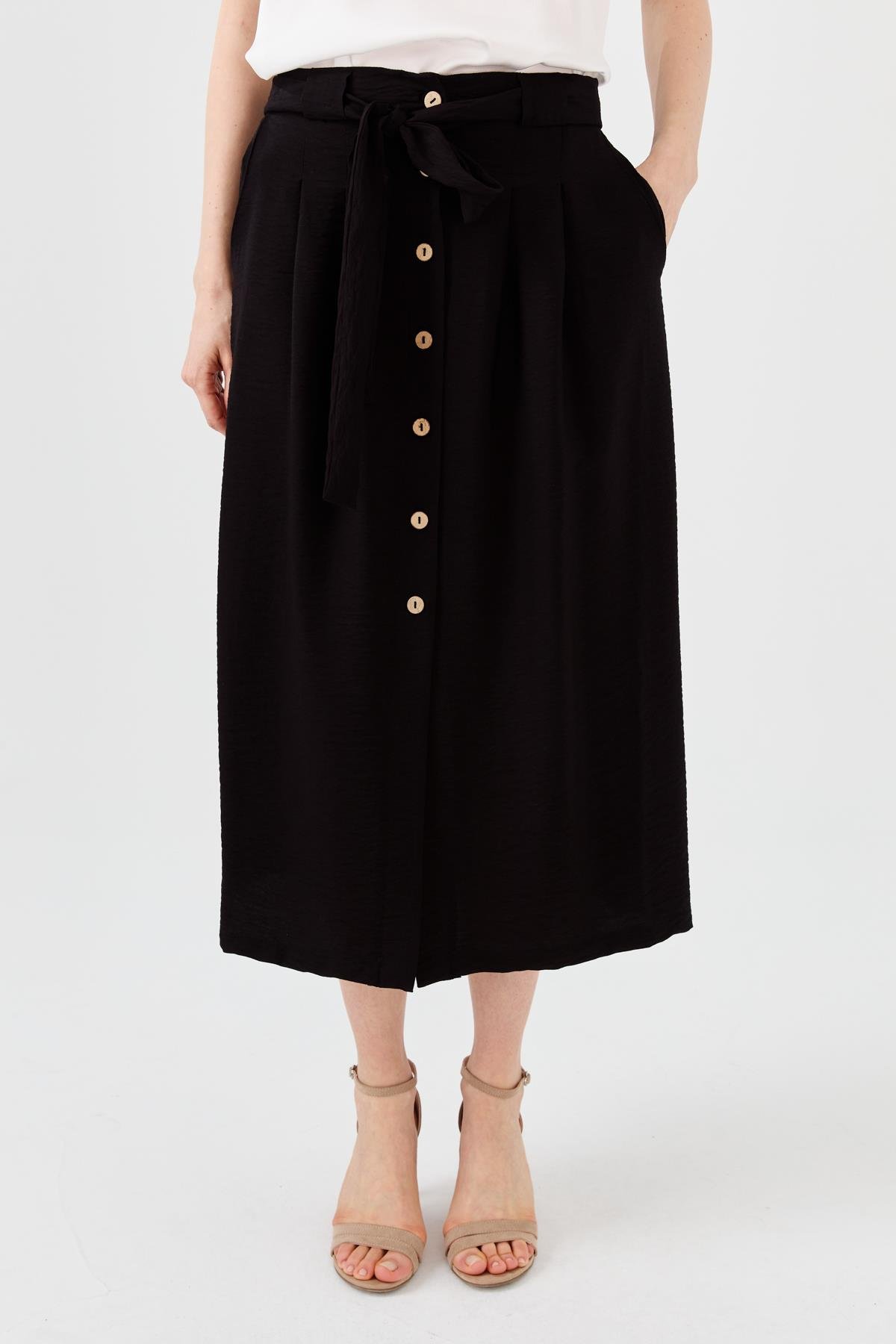 23487Kadın Beli Kuşaklı Önü Düğmeli Etek Siyah