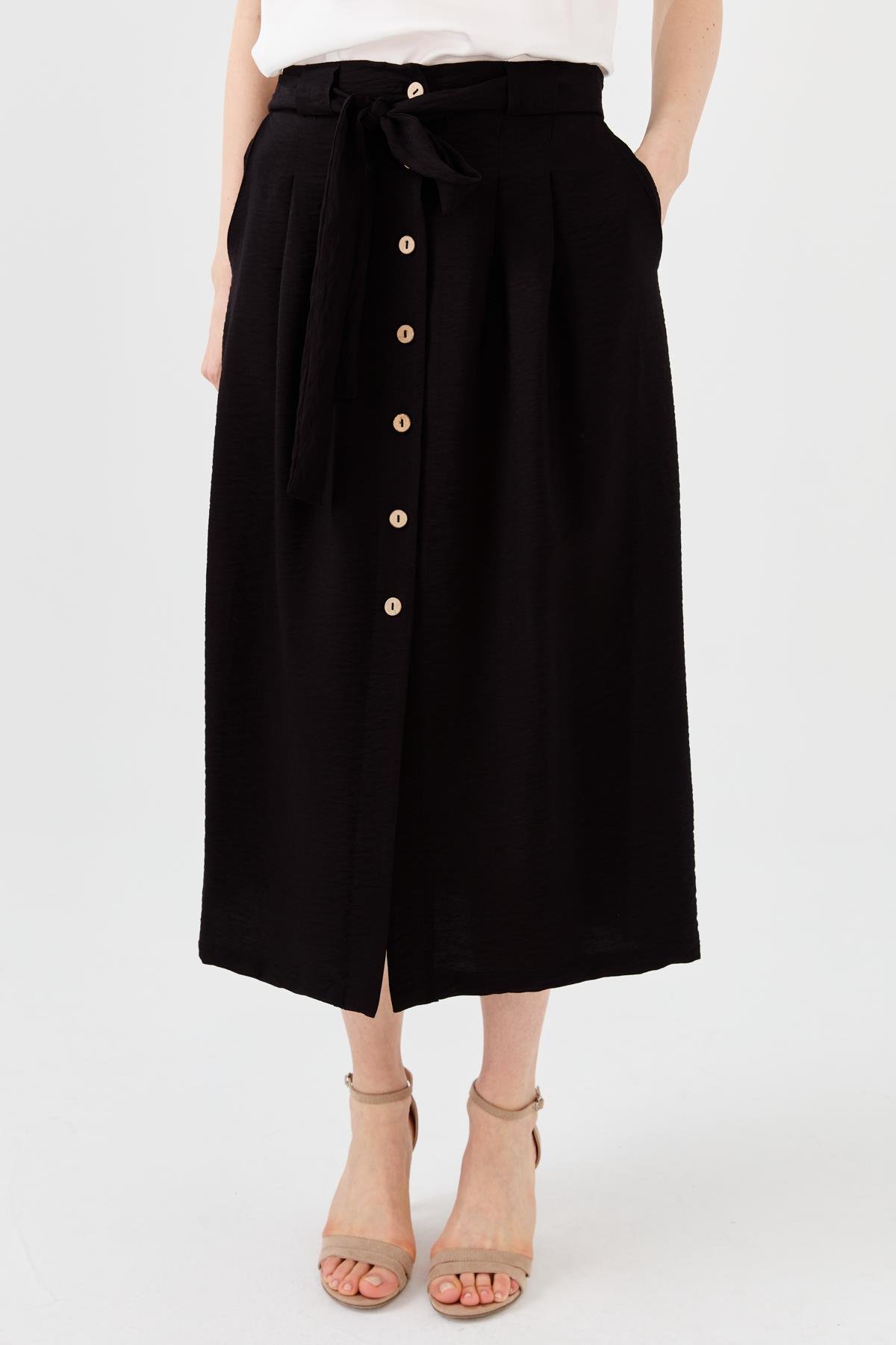 23487Kadın Beli Kuşaklı Önü Düğmeli Etek Siyah