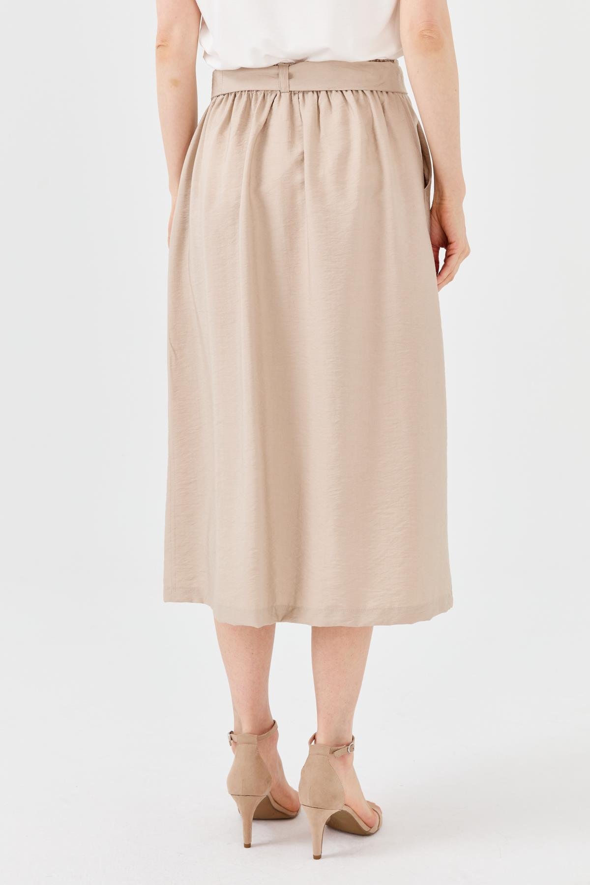 23487Kadın Beli Kuşaklı Önü Düğmeli Etek Vizon