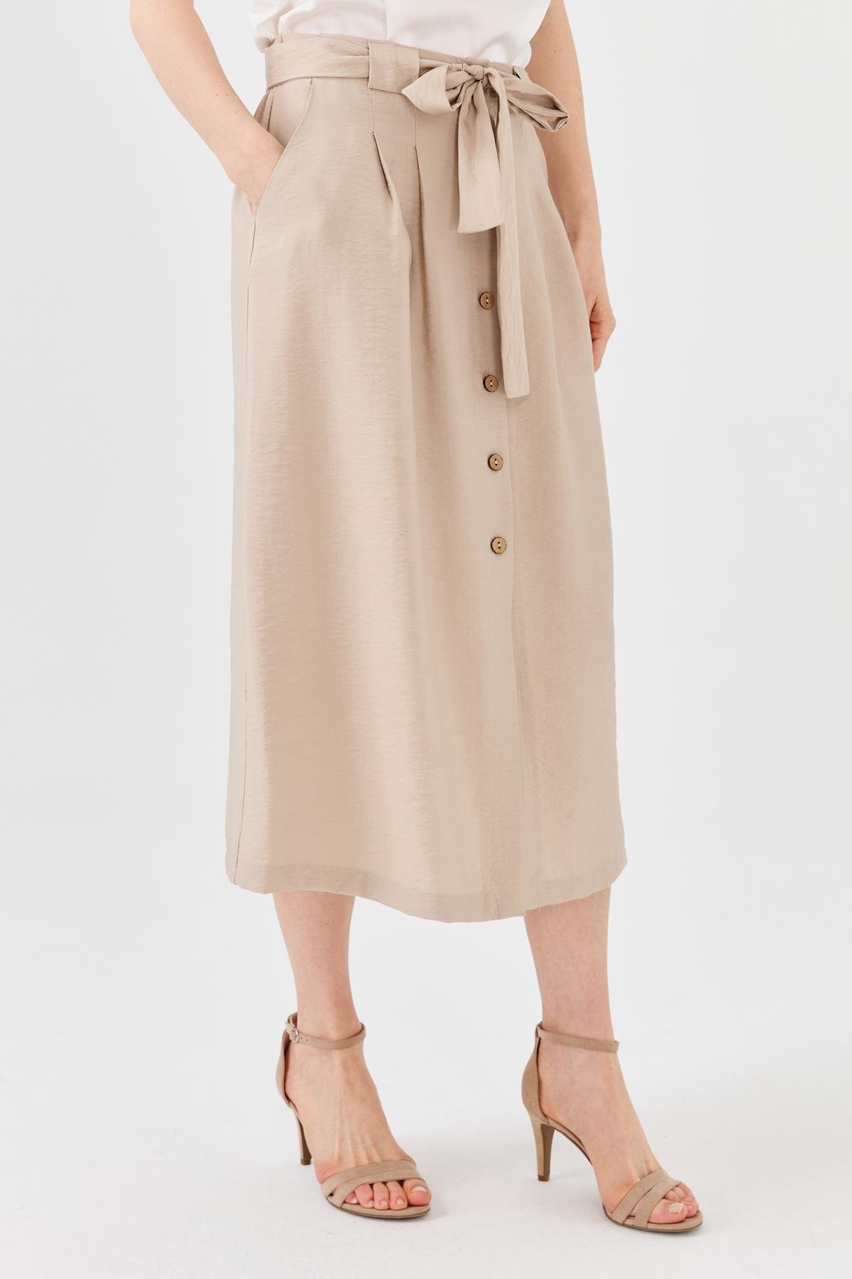 23487Kadın Beli Kuşaklı Önü Düğmeli Etek Vizon