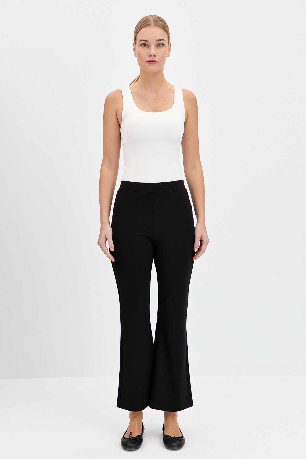 KMKPT005Kadın Beli Lastikli İspanyol Paça Tayt Pantolon Siyah