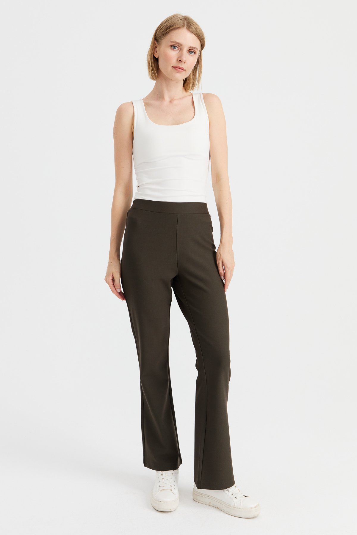 KMKPT005Kadın Beli Lastikli İspanyol Paça Tayt Pantolon Haki