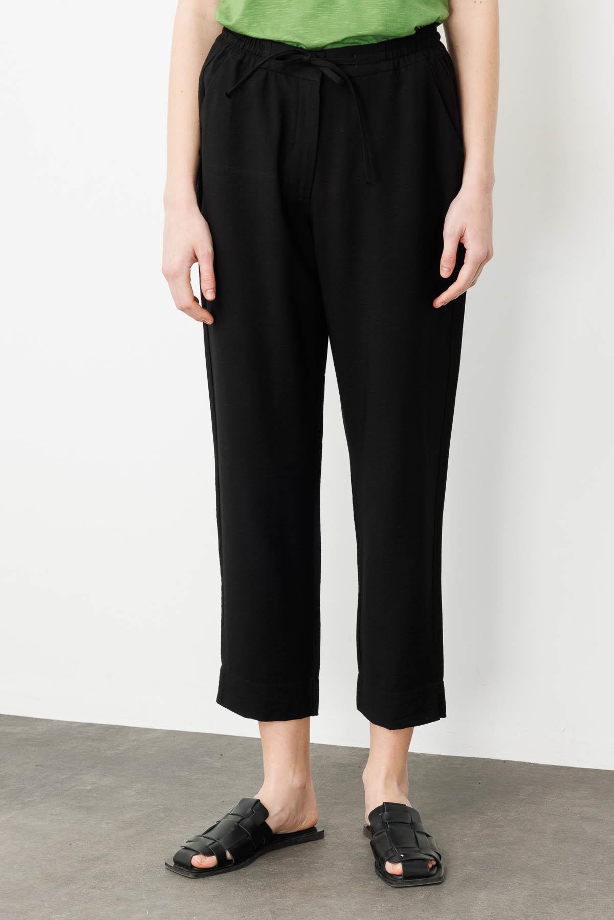 25877Kadın Beli Lastıklı Keten Pantolon Siyah