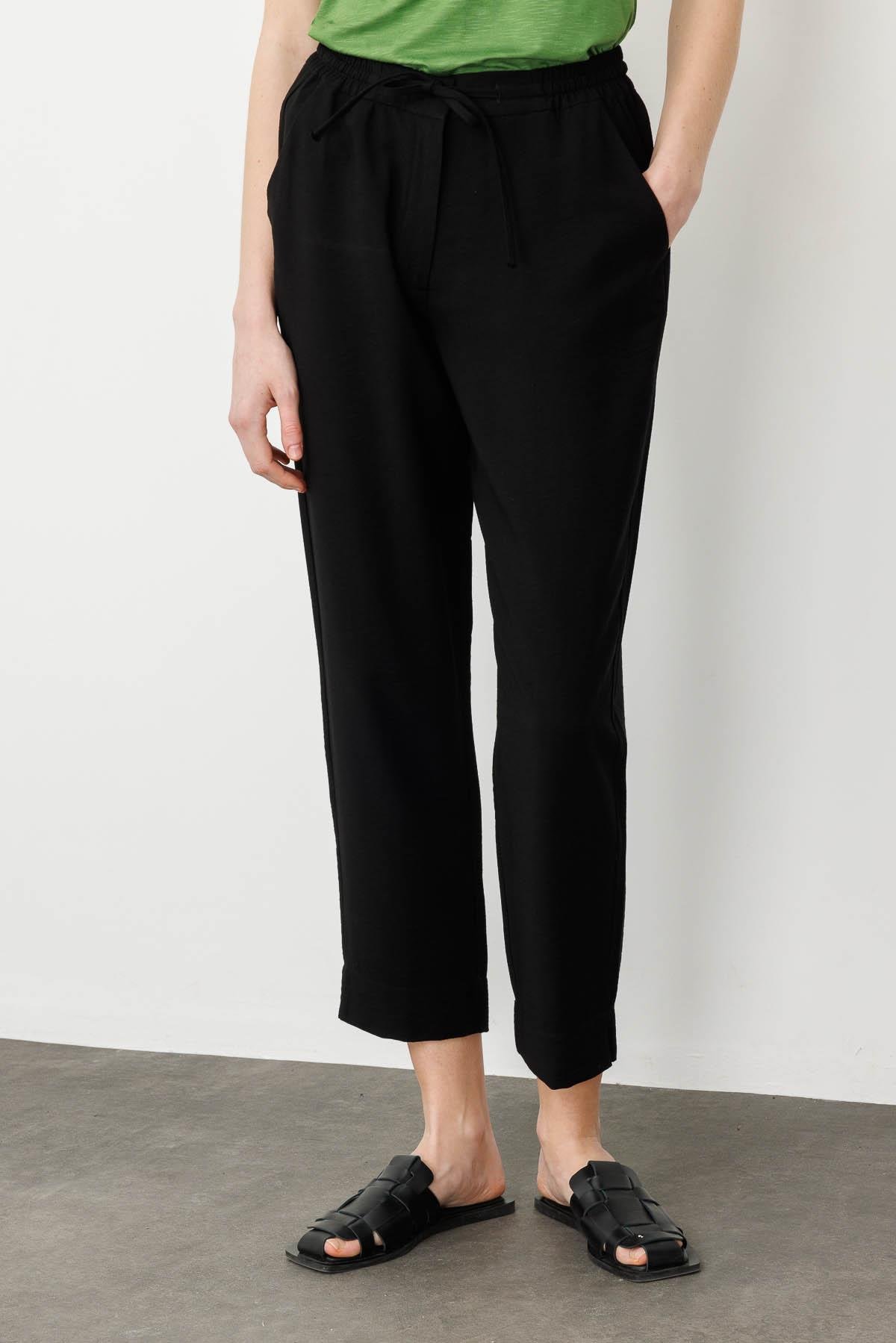 25877Kadın Beli Lastıklı Keten Pantolon Siyah