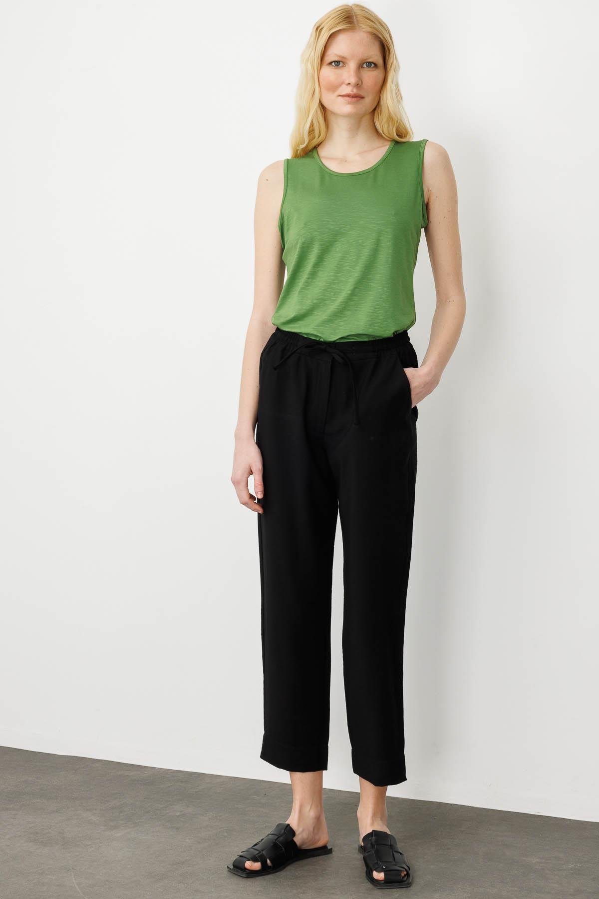 25877Kadın Beli Lastıklı Keten Pantolon Siyah