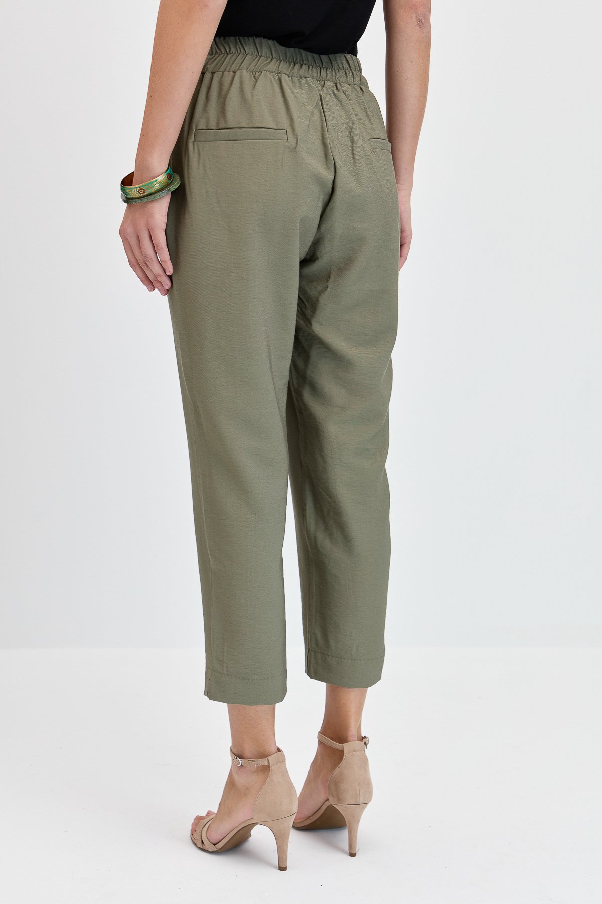 KMYPT04Kadın Beli Lastikli Yan Cepli Havuç Kesim Keten Pantolon Haki