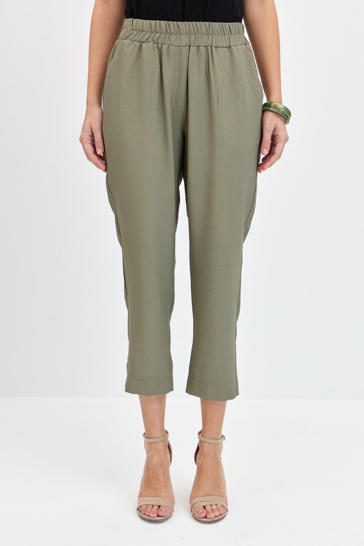 KMYPT04Kadın Beli Lastikli Yan Cepli Havuç Kesim Keten Pantolon Haki
