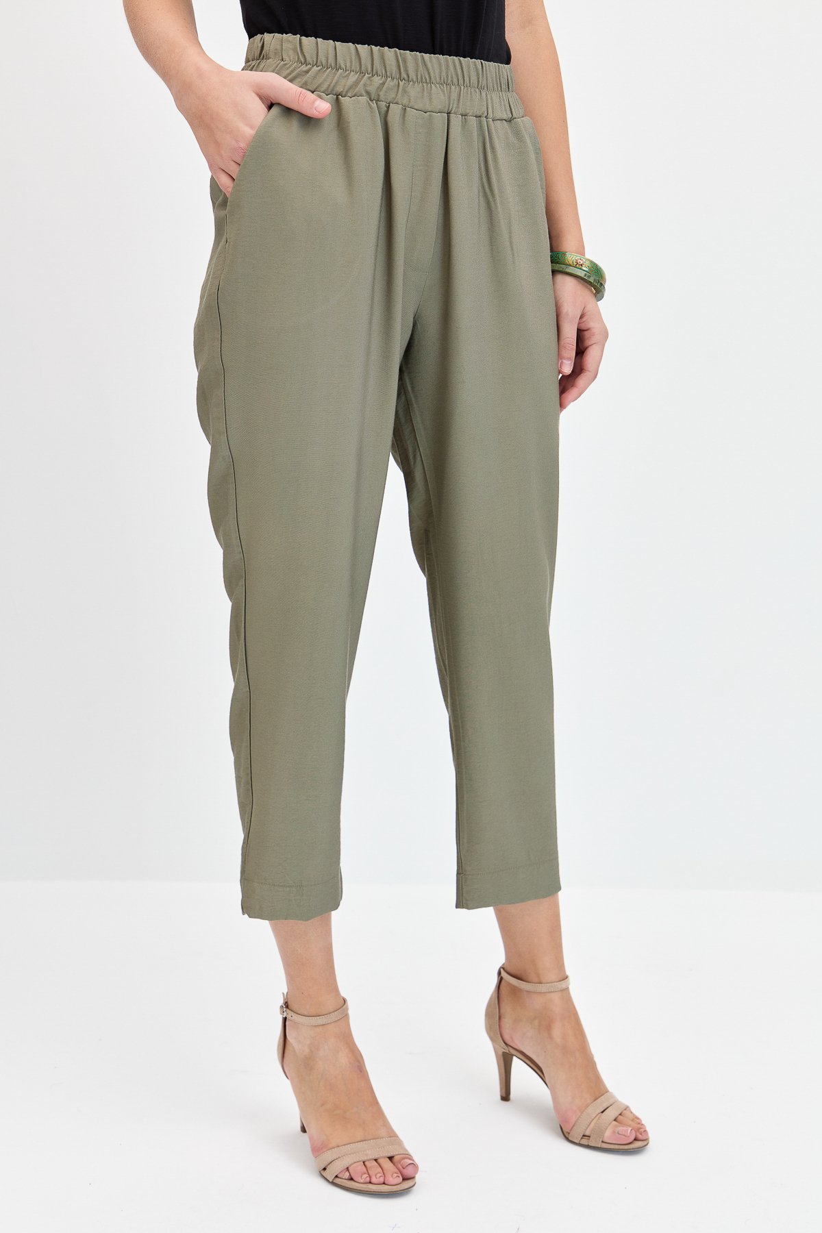 KMYPT04Kadın Beli Lastikli Yan Cepli Havuç Kesim Keten Pantolon Haki
