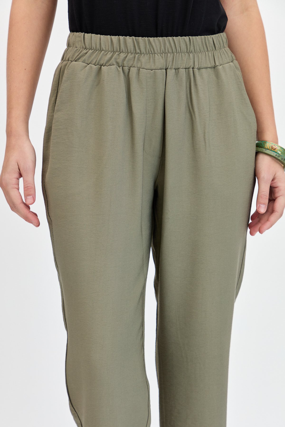 KMYPT04Kadın Beli Lastikli Yan Cepli Havuç Kesim Keten Pantolon Haki