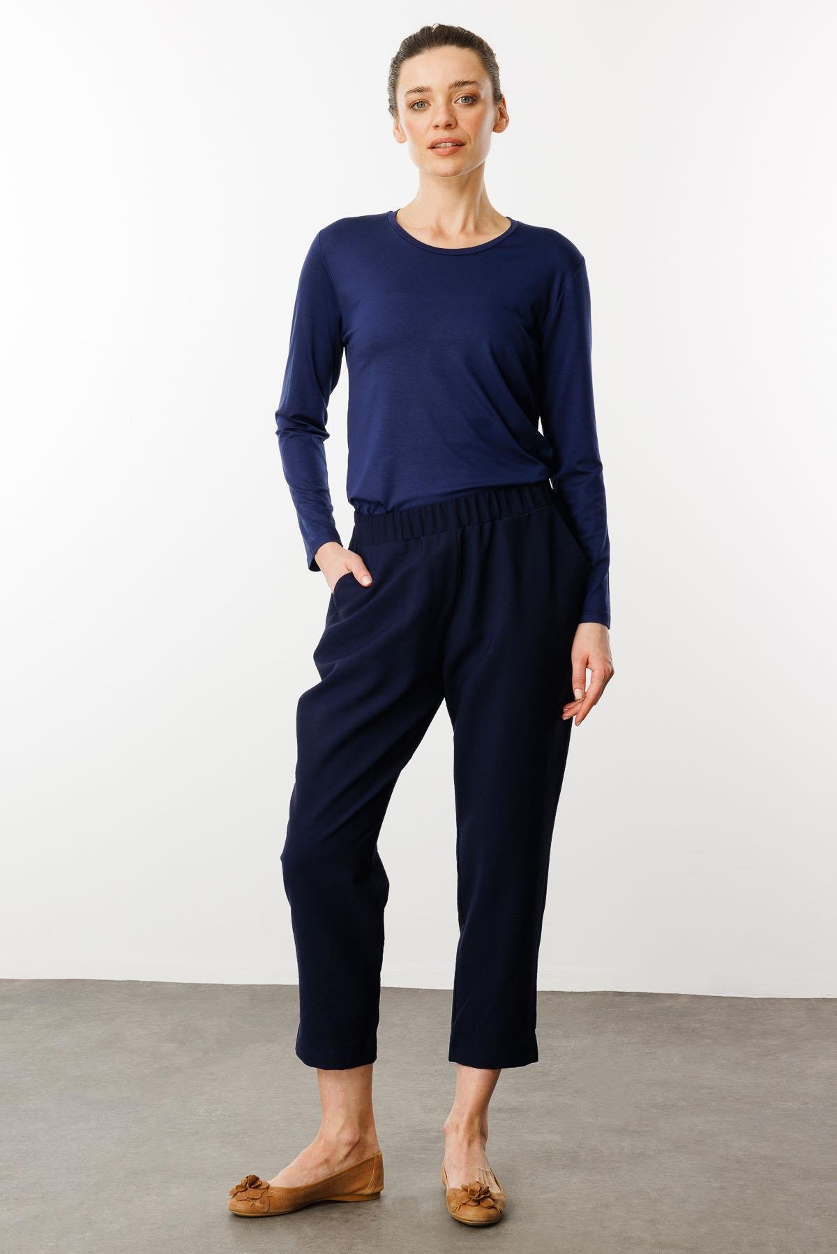 KMYPT04Kadın Beli Lastikli Yan Cepli Havuç Kesim Keten Pantolon Lacivert