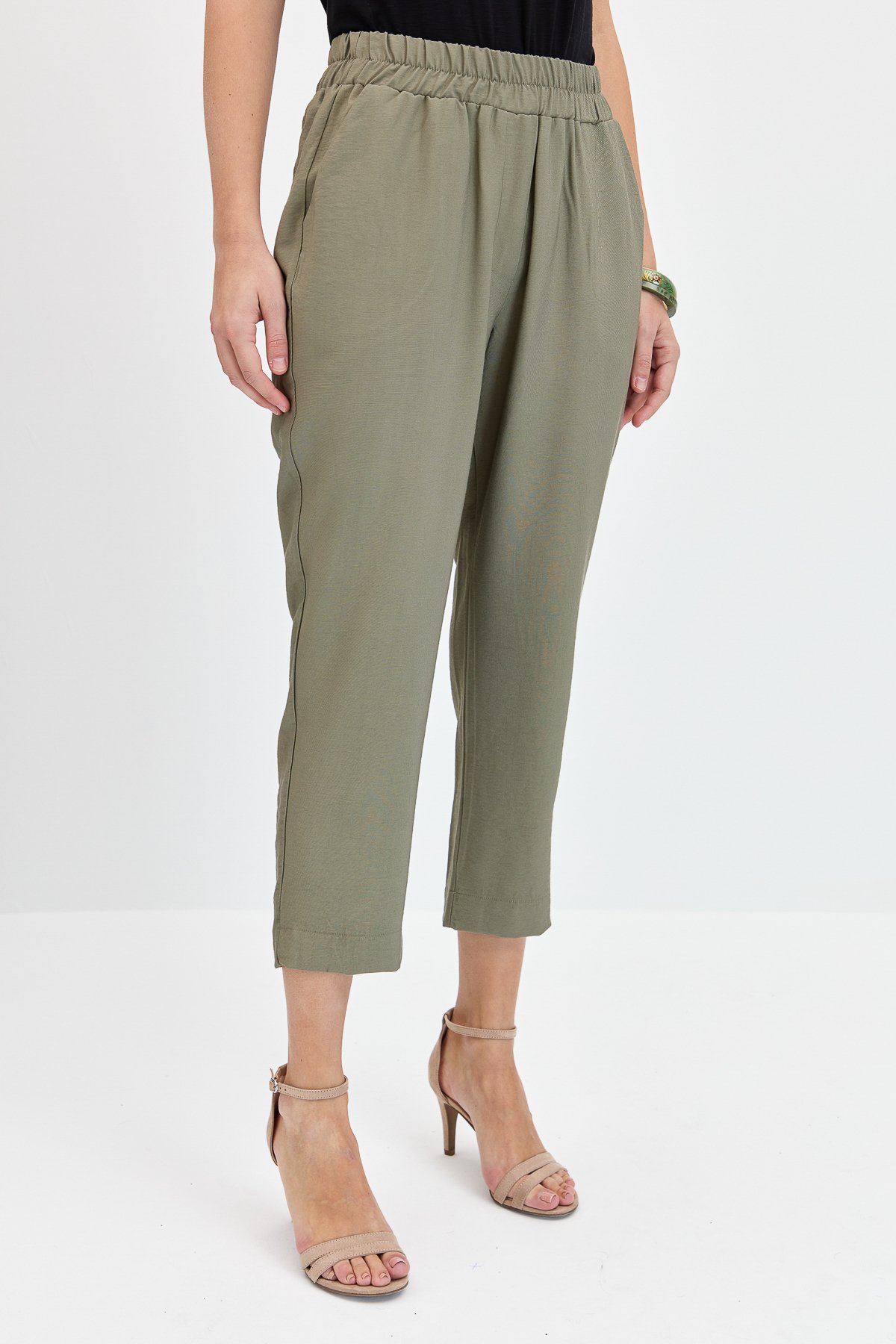 KMYPT04Kadın Beli Lastikli Yan Cepli Havuç Kesim Keten Pantolon Haki