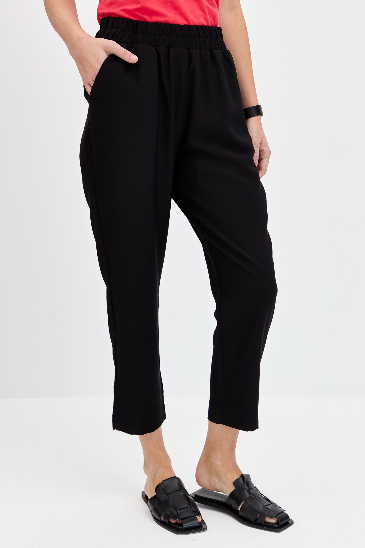 KMYPT04Kadın Beli Lastikli Yan Cepli Havuç Kesim Keten Pantolon Siyah