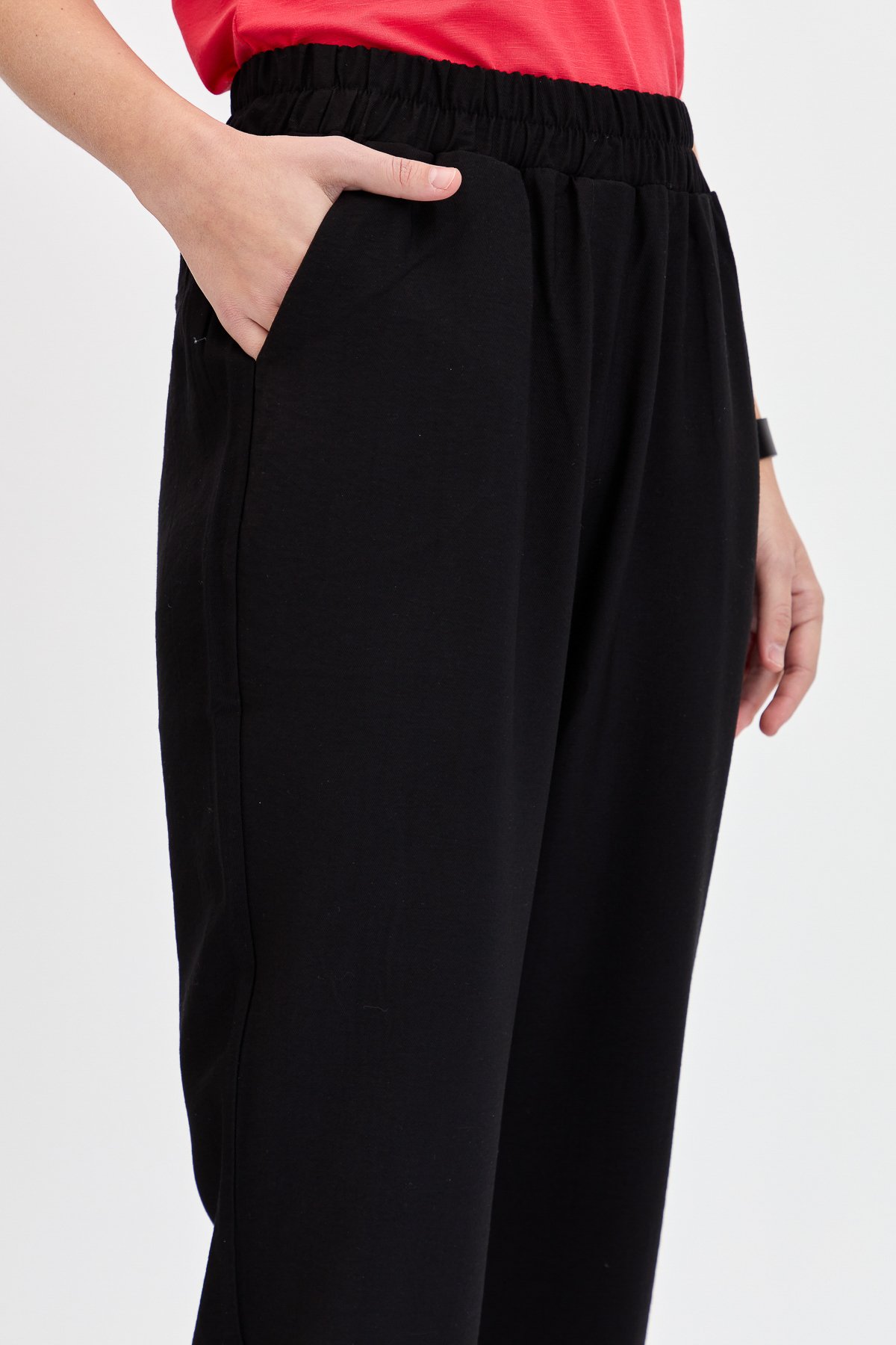 KMYPT04Kadın Beli Lastikli Yan Cepli Havuç Kesim Keten Pantolon Siyah