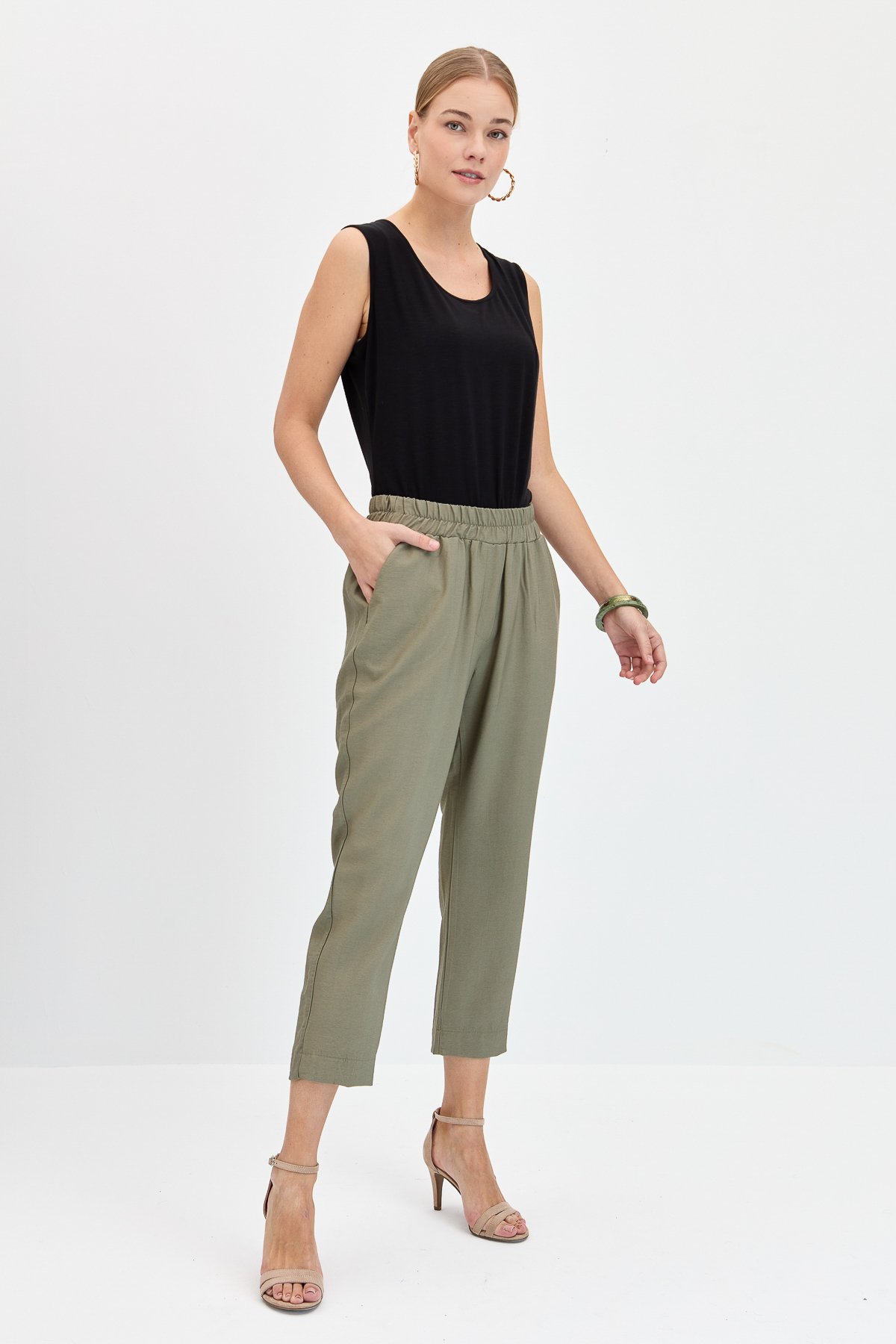 KMYPT04Kadın Beli Lastikli Yan Cepli Havuç Kesim Keten Pantolon Haki