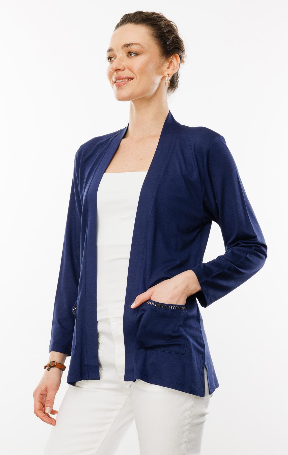 25756Kadın Cepleri Taşlı Yazlık Hırka Lacivert