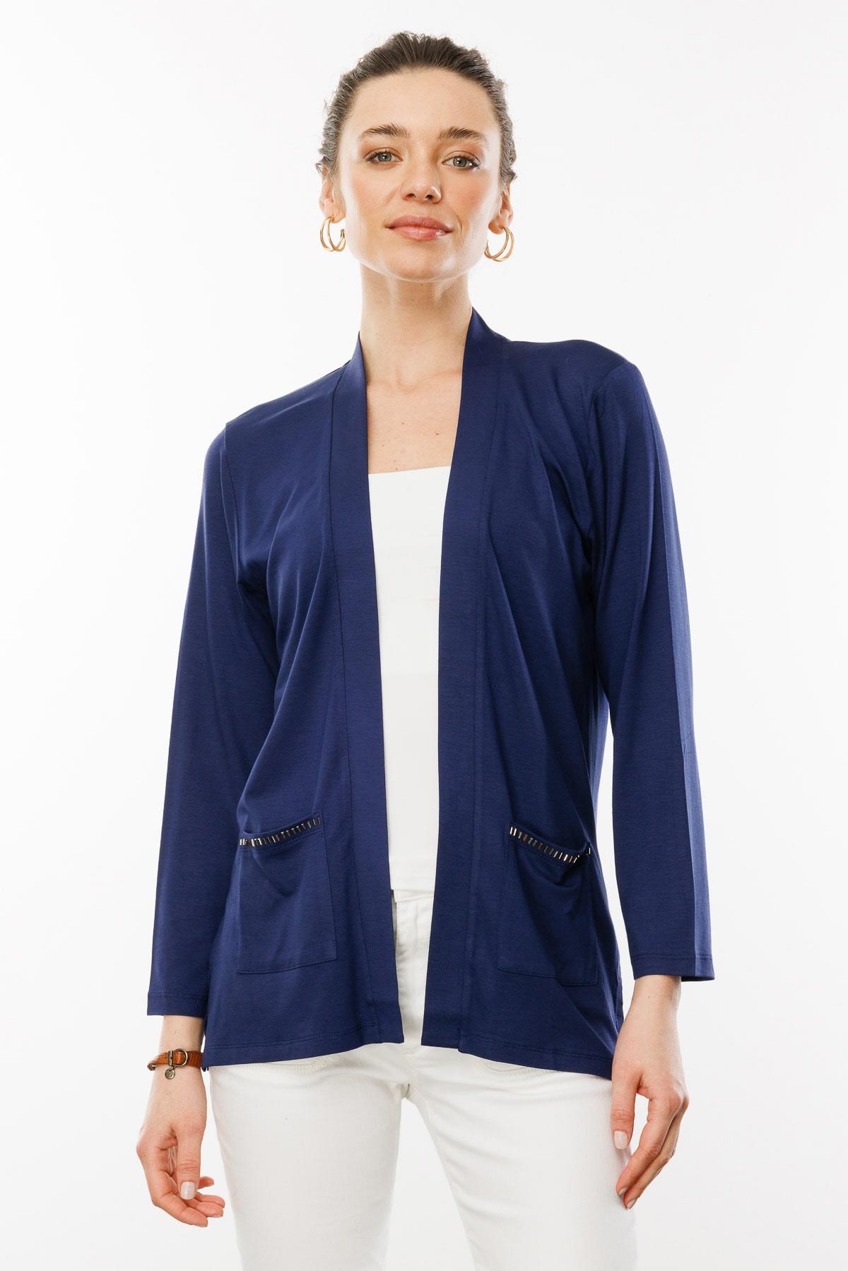 25756Kadın Cepleri Taşlı Yazlık Hırka Lacivert