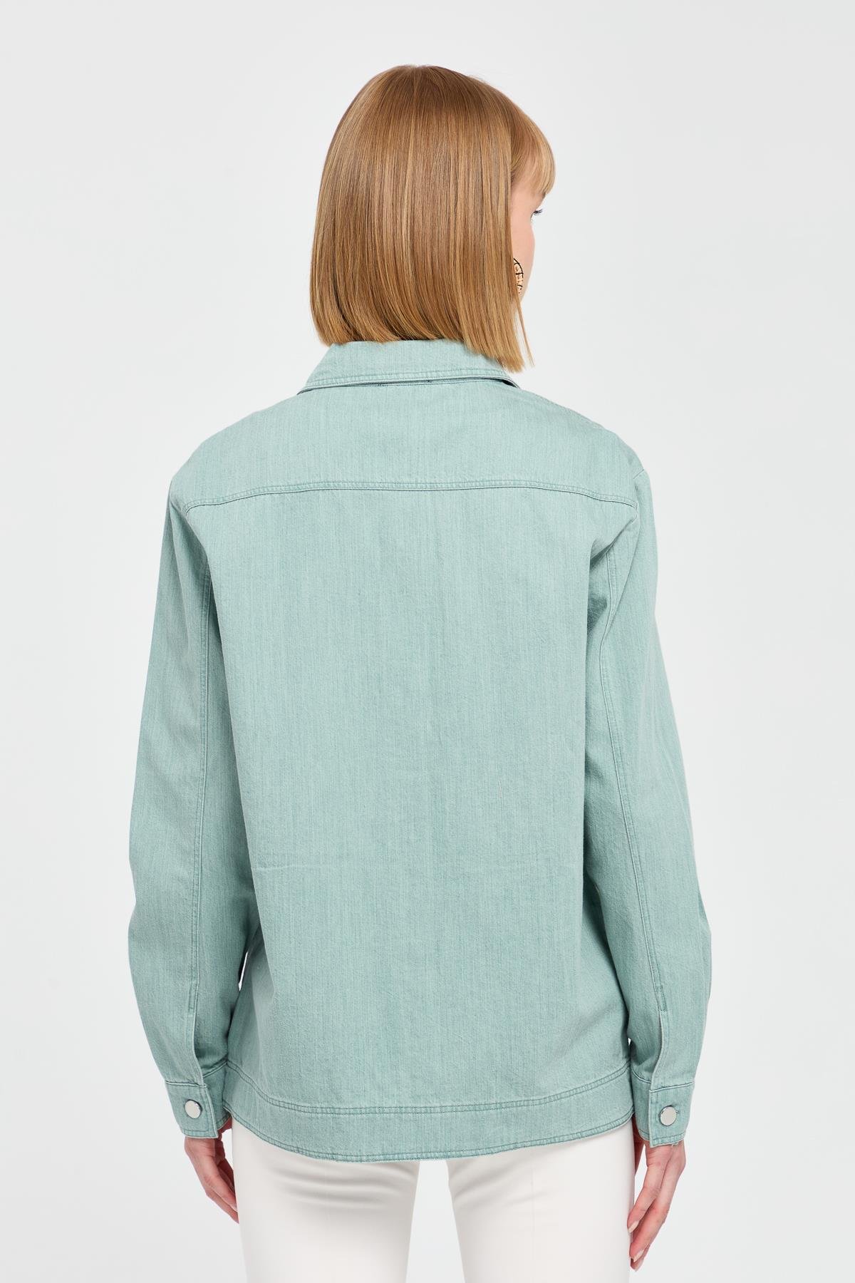 KMY24095Kadın Cepleri Zımbalı Kot Ceket M.Yeşili