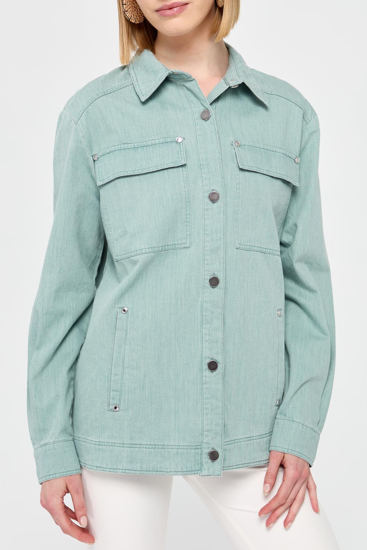 KMY24095Kadın Cepleri Zımbalı Kot Ceket M.Yeşili