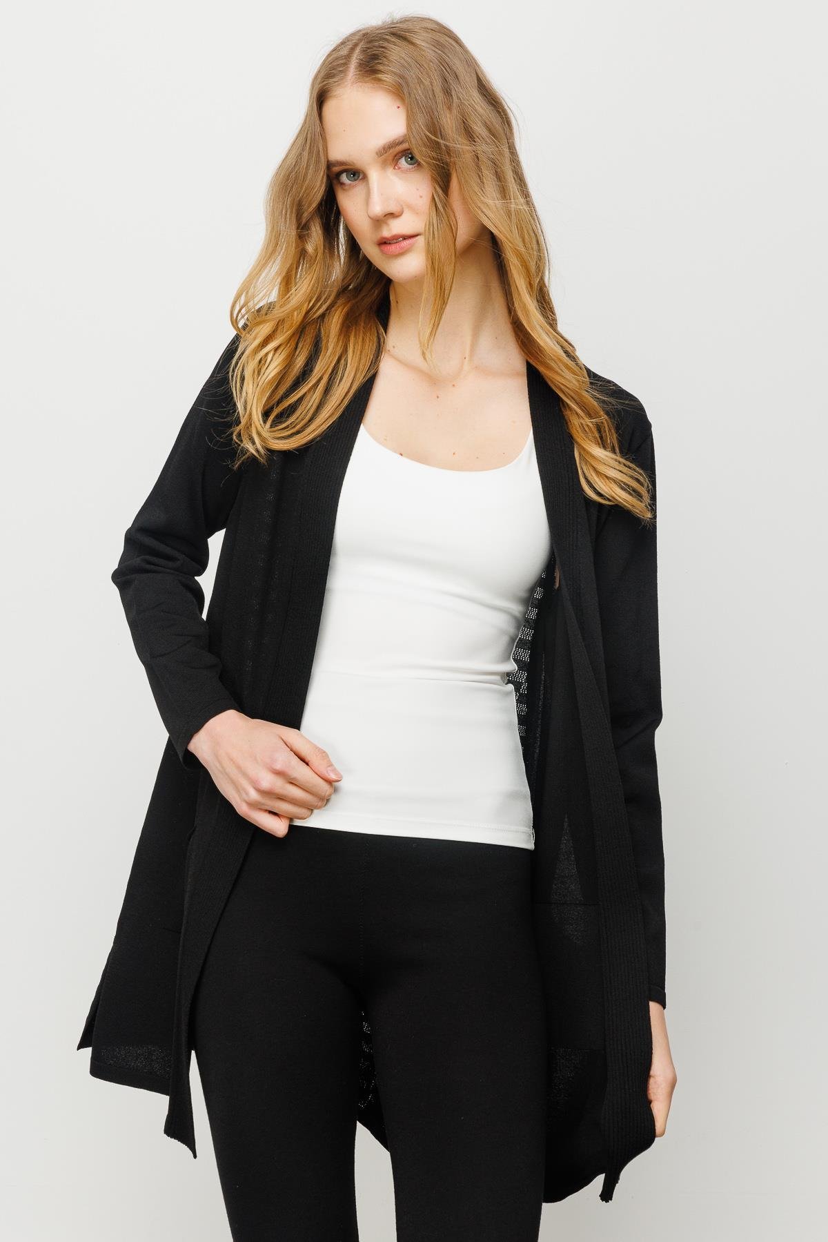 23350Kadın Cepli Arkası Desenli Uzun Yazlık Ceket Siyah