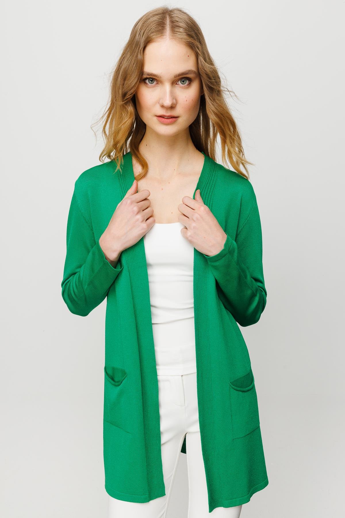 23350Kadın Cepli Arkası Desenli Uzun Yazlık Ceket Yeşil