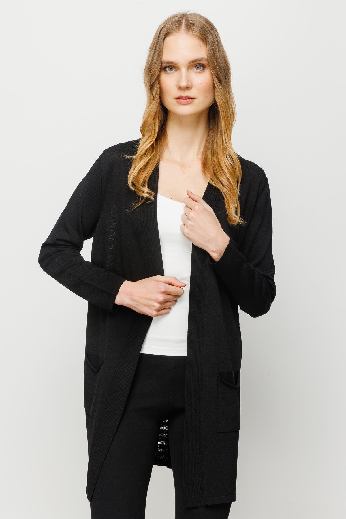 23350Kadın Cepli Arkası Desenli Uzun Yazlık Ceket Siyah