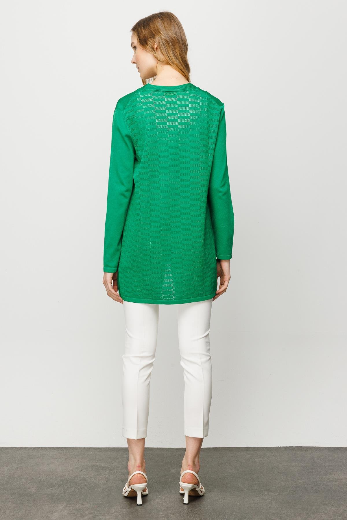 23350Kadın Cepli Arkası Desenli Uzun Yazlık Ceket Yeşil