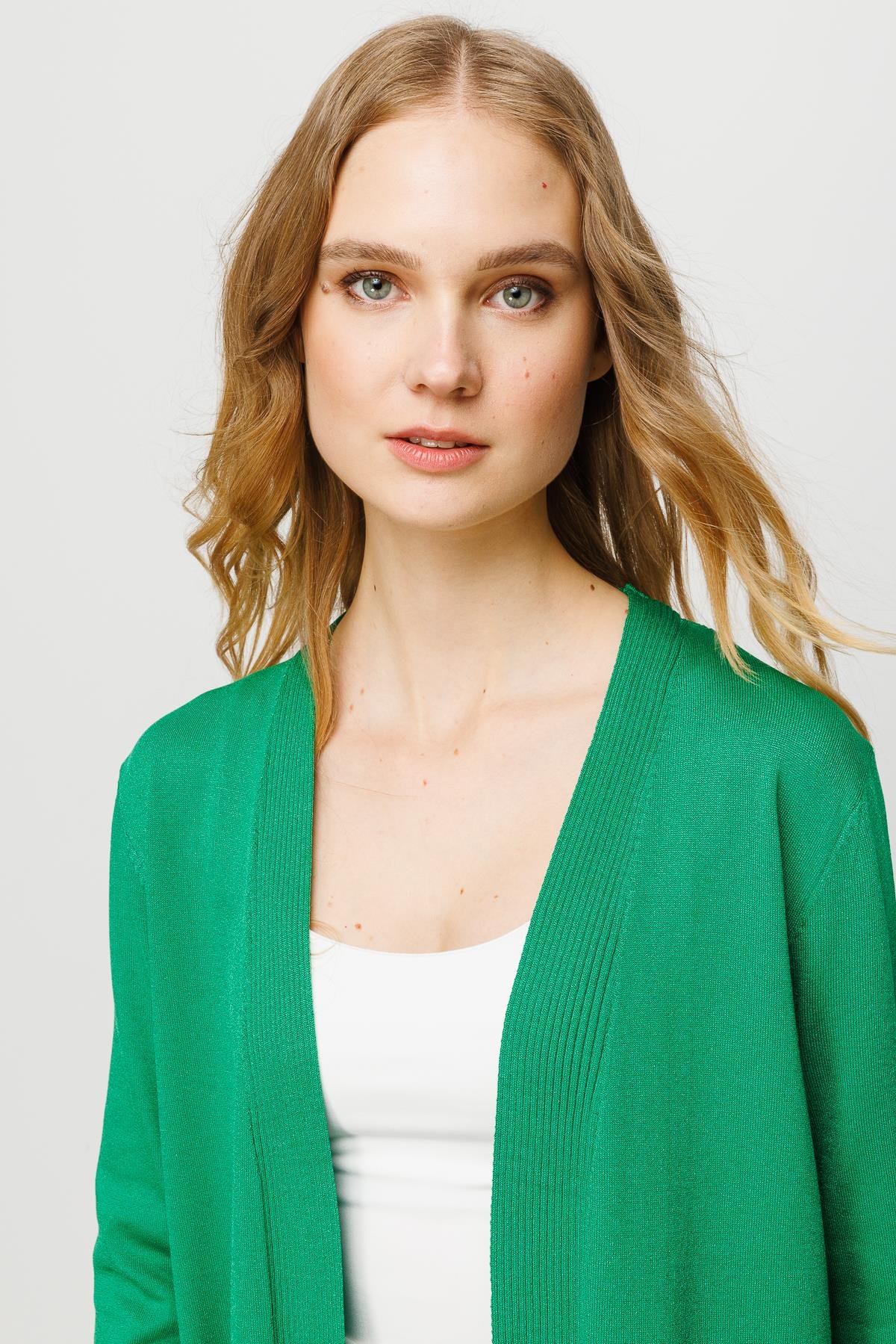 23350Kadın Cepli Arkası Desenli Uzun Yazlık Ceket Yeşil