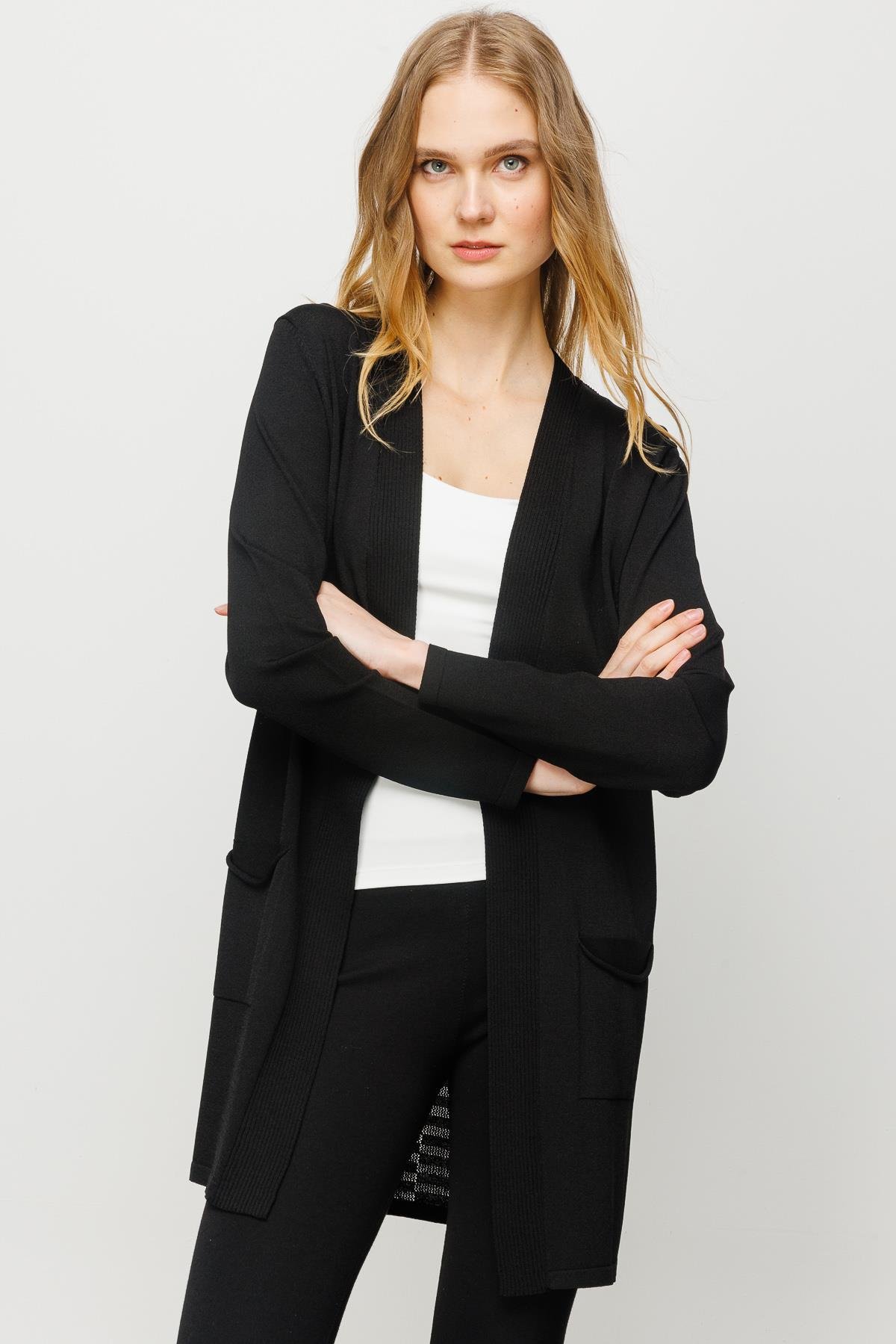 23350Kadın Cepli Arkası Desenli Uzun Yazlık Ceket Siyah