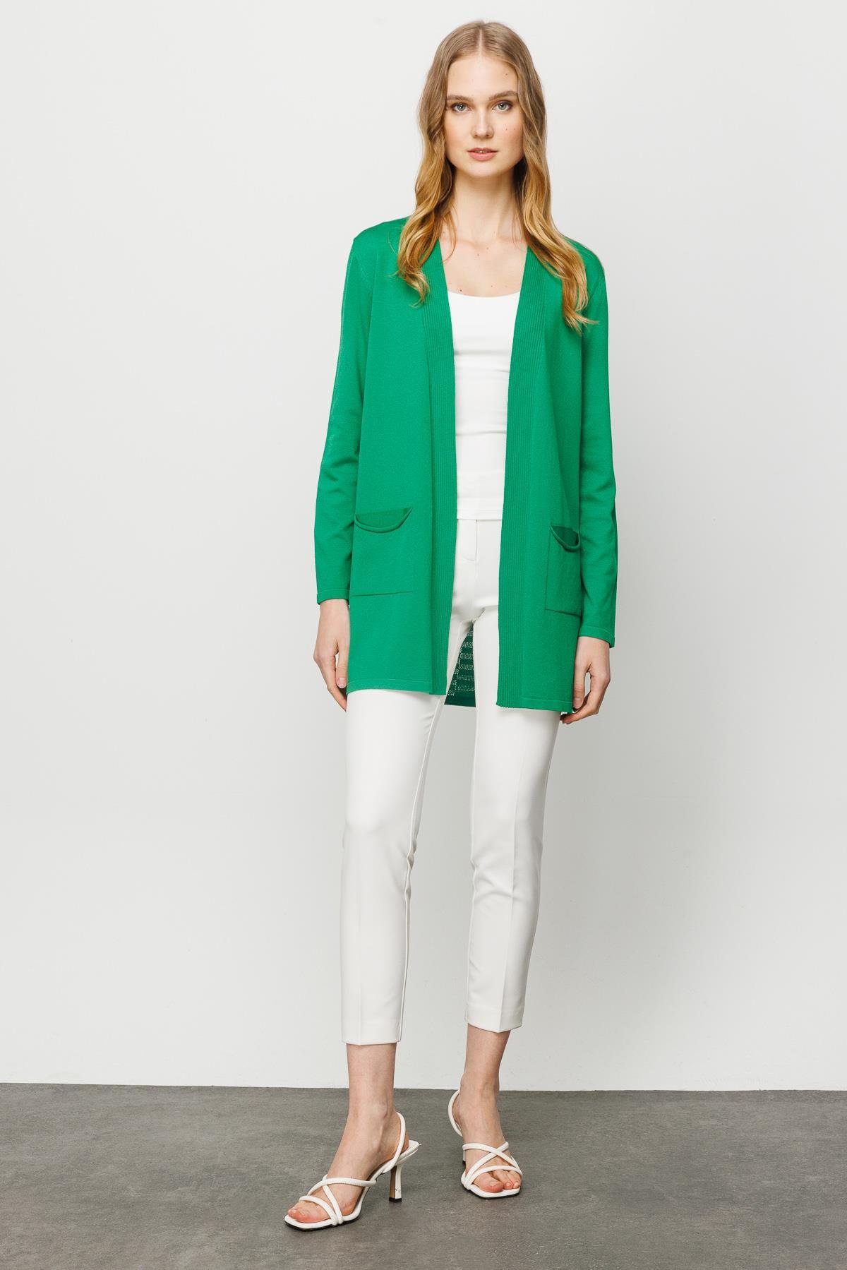 23350Kadın Cepli Arkası Desenli Uzun Yazlık Ceket Yeşil