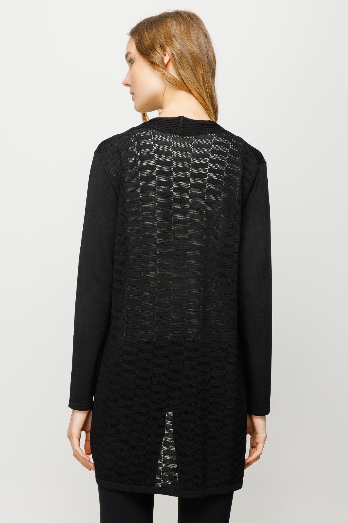 23350Kadın Cepli Arkası Desenli Uzun Yazlık Ceket Siyah