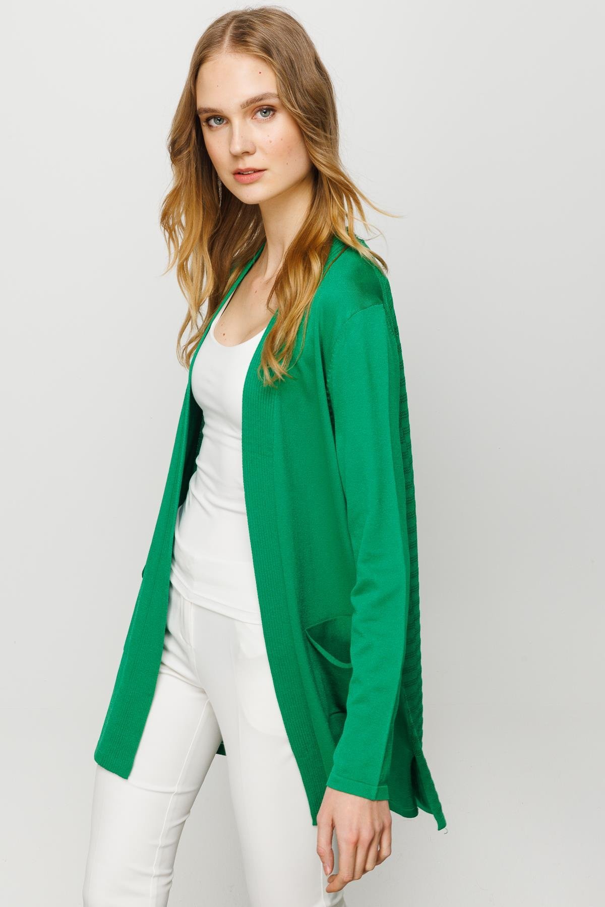 23350Kadın Cepli Arkası Desenli Uzun Yazlık Ceket Yeşil