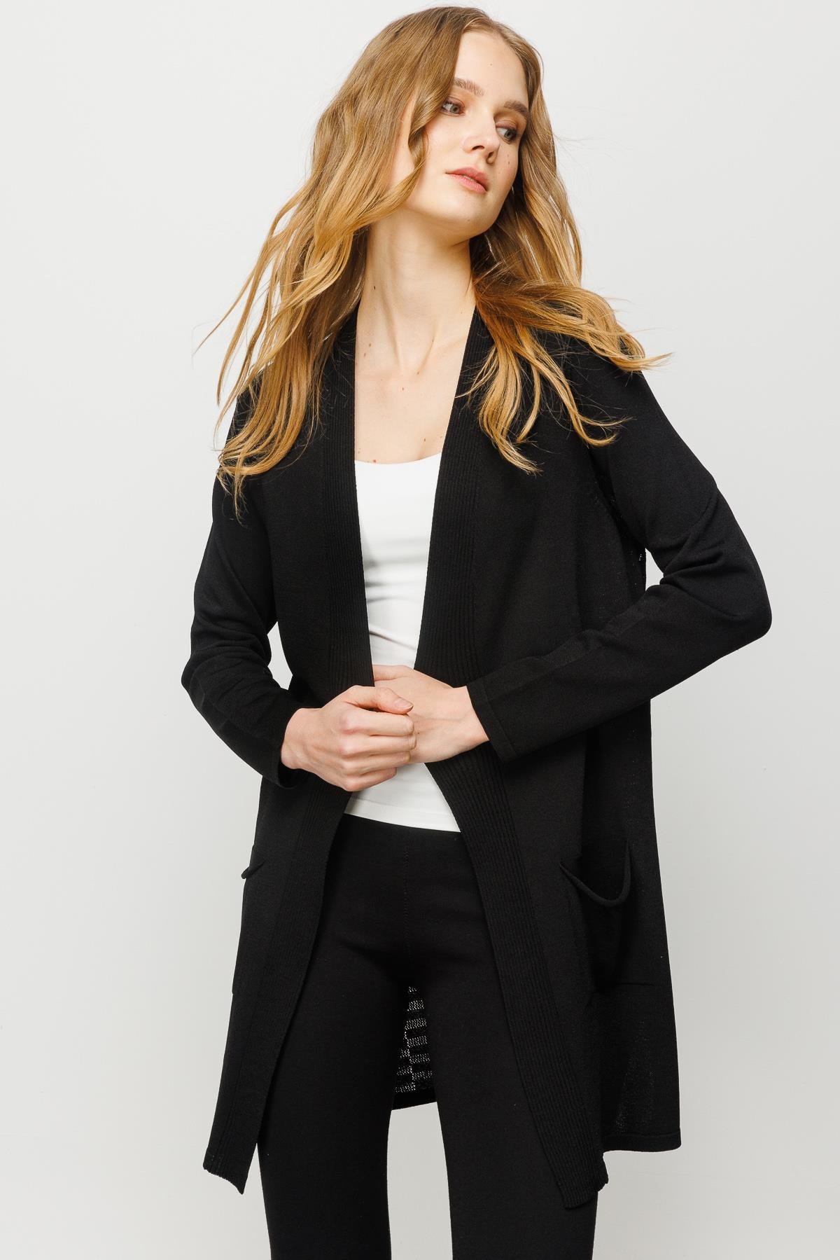 23350Kadın Cepli Arkası Desenli Uzun Yazlık Ceket Siyah