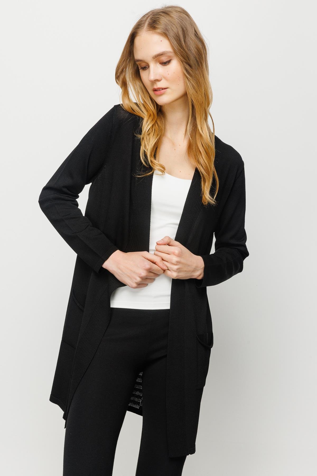 23350Kadın Cepli Arkası Desenli Uzun Yazlık Ceket Siyah