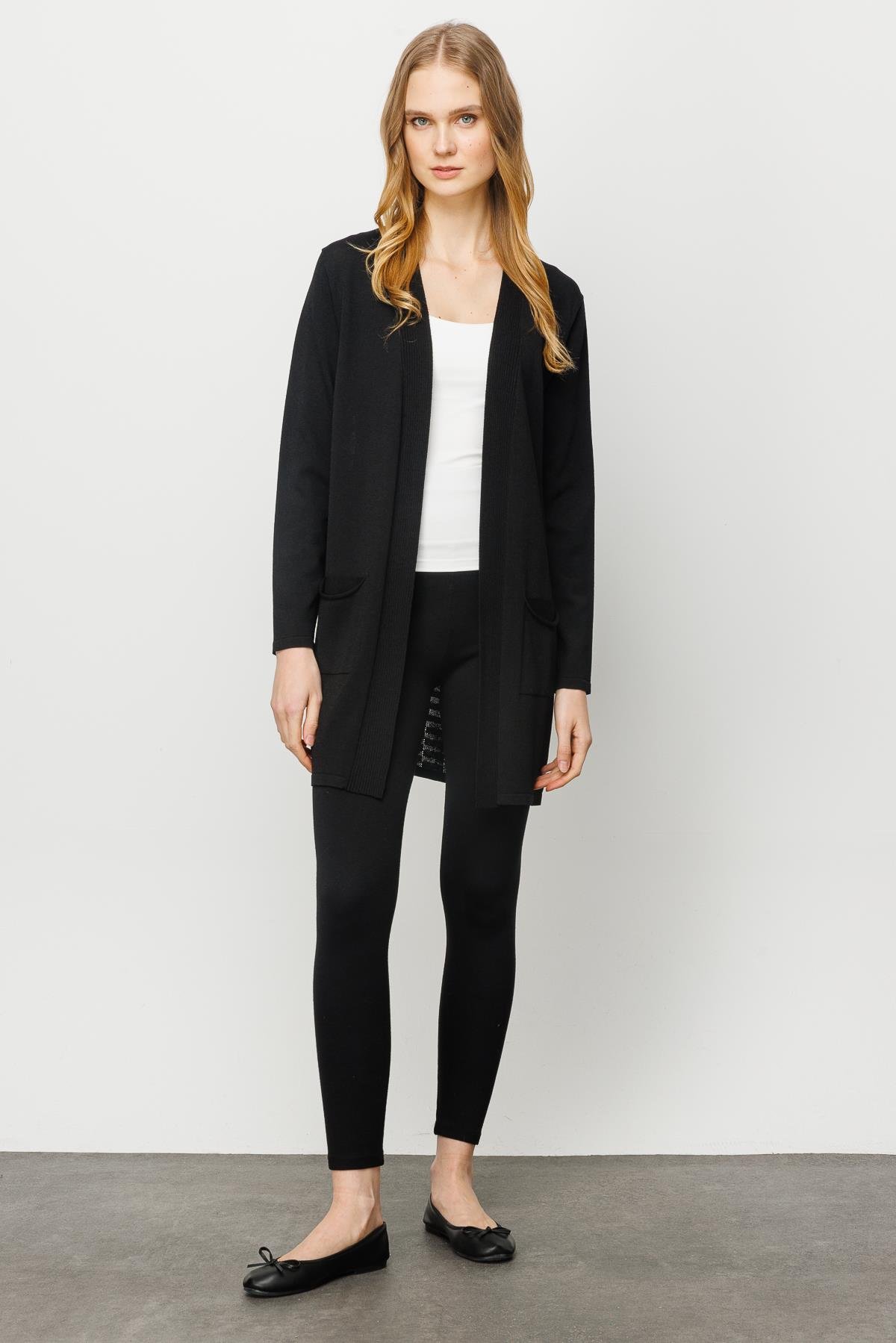 23350Kadın Cepli Arkası Desenli Uzun Yazlık Ceket Siyah