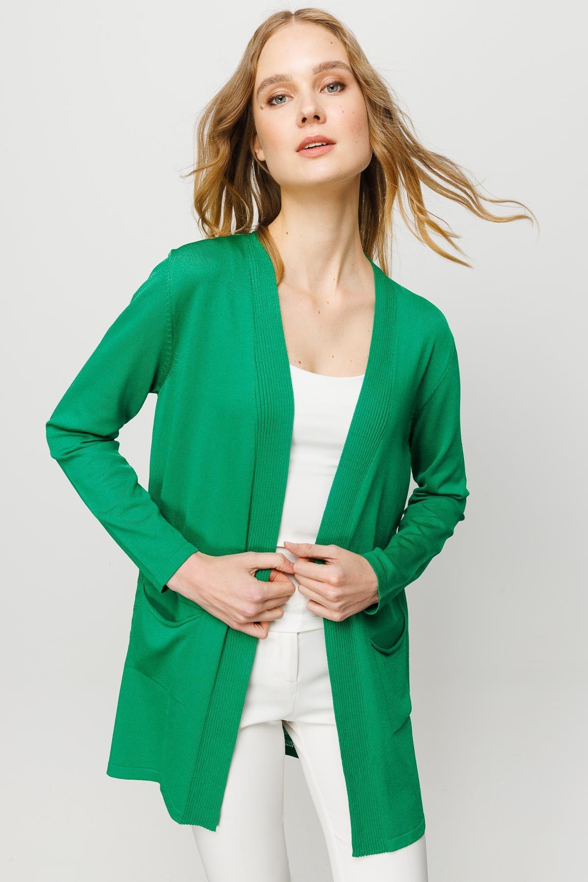 23350Kadın Cepli Arkası Desenli Uzun Yazlık Ceket Yeşil