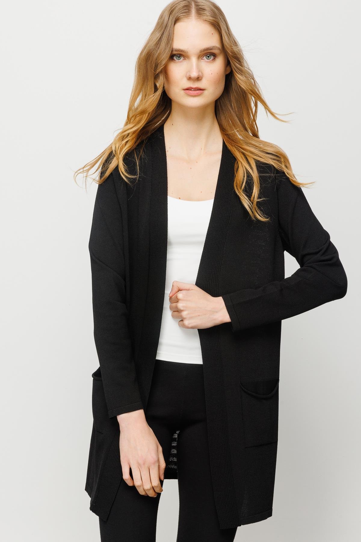 23350Kadın Cepli Arkası Desenli Uzun Yazlık Ceket Siyah