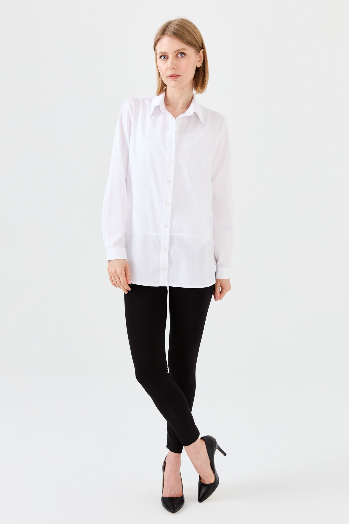 23853Kadın Cepli Saten Gömlek Beyaz