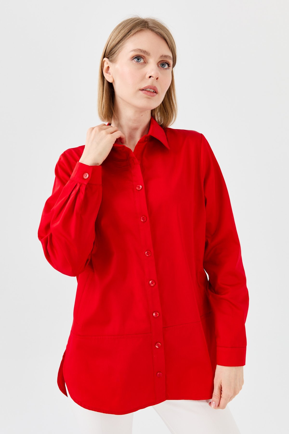 23853Kadın Cepli Saten Gömlek Kırmızı