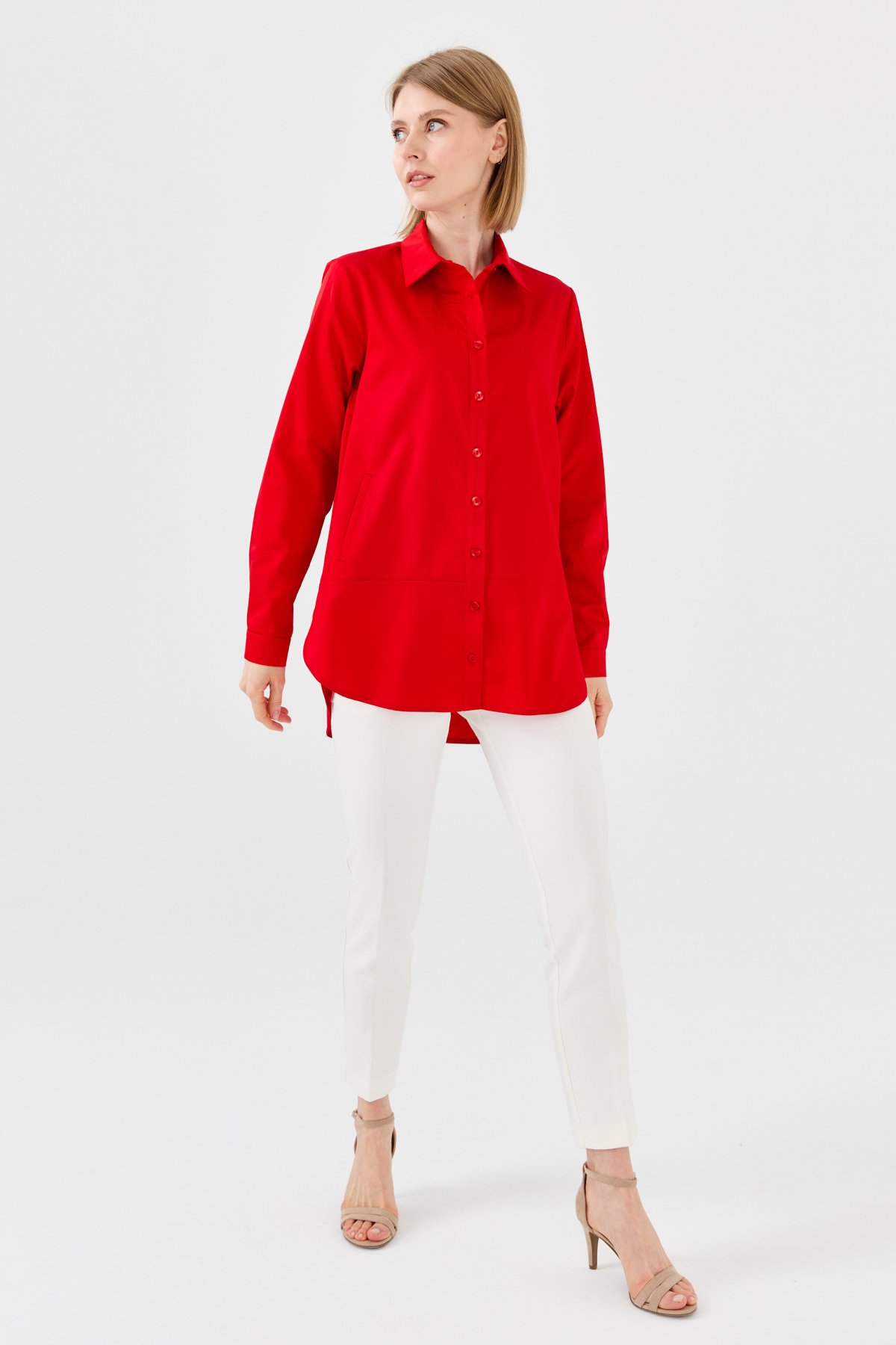 23853Kadın Cepli Saten Gömlek Kırmızı