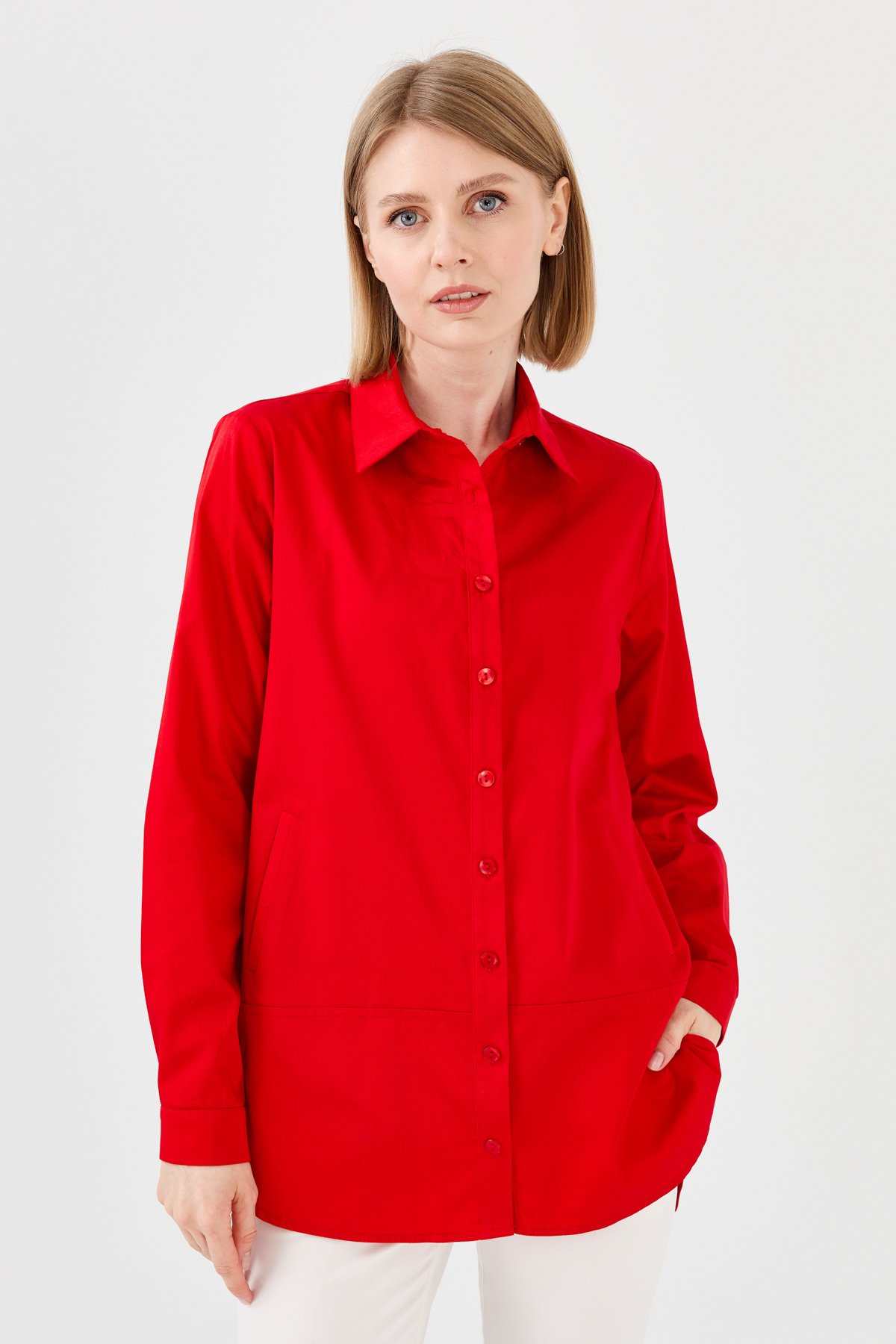23853Kadın Cepli Saten Gömlek Kırmızı