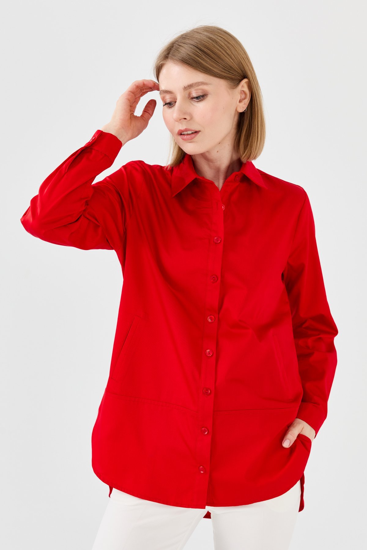 23853Kadın Cepli Saten Gömlek Kırmızı