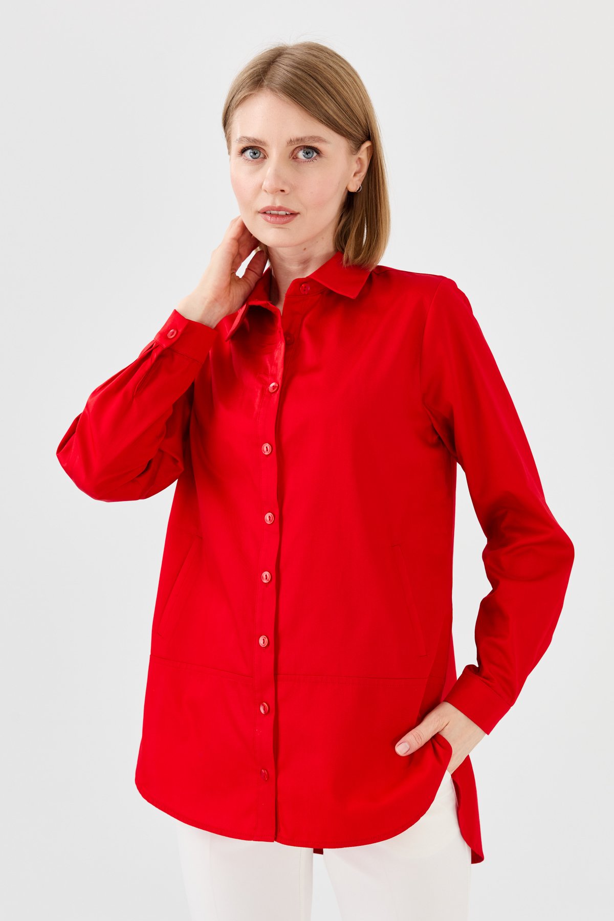 23853Kadın Cepli Saten Gömlek Kırmızı