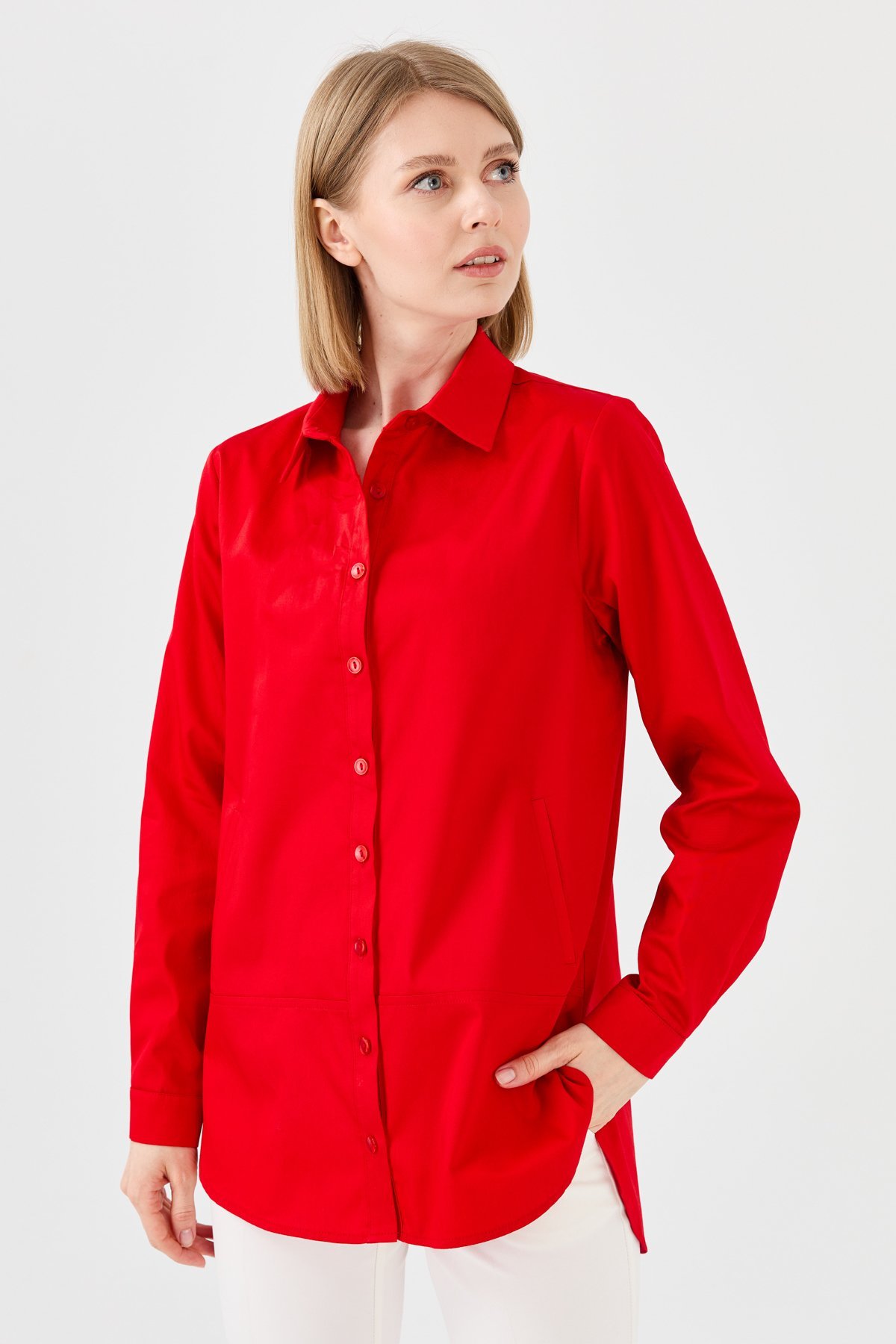 23853Kadın Cepli Saten Gömlek Kırmızı