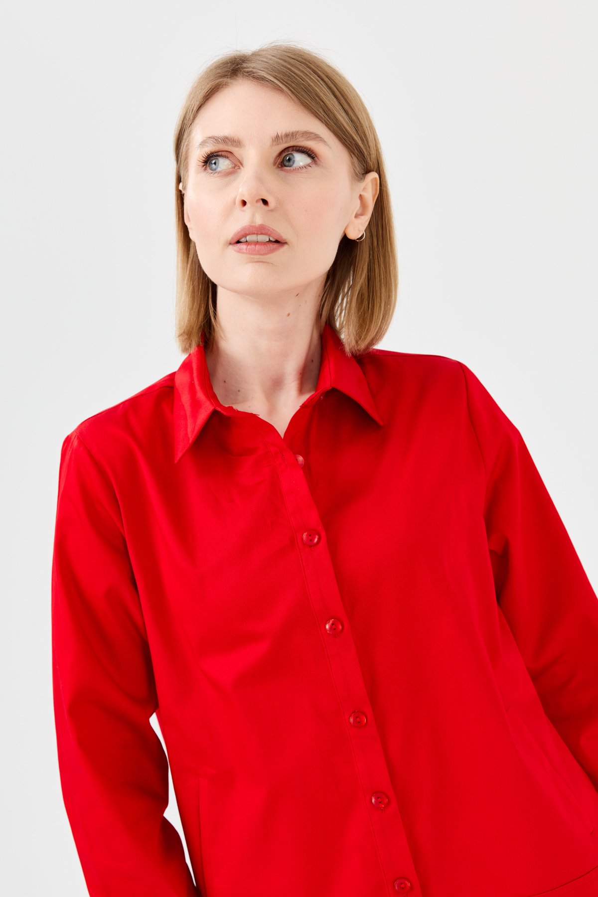 23853Kadın Cepli Saten Gömlek Kırmızı