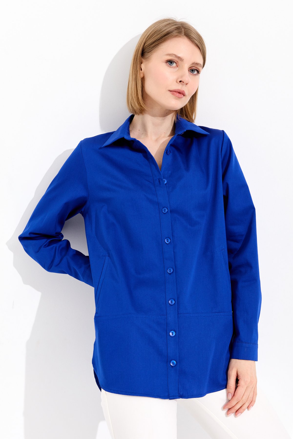 23853Kadın Cepli Saten Gömlek Saks