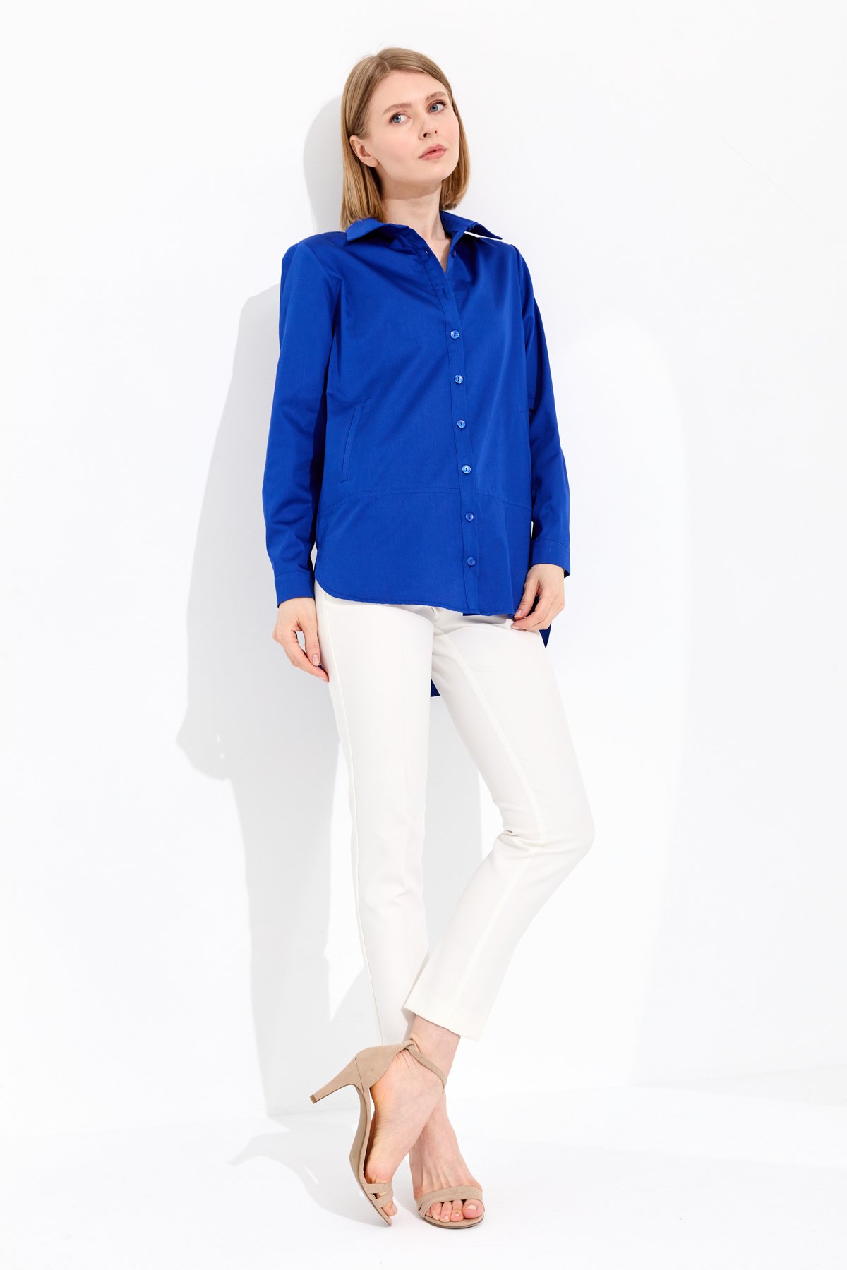 23853Kadın Cepli Saten Gömlek Saks