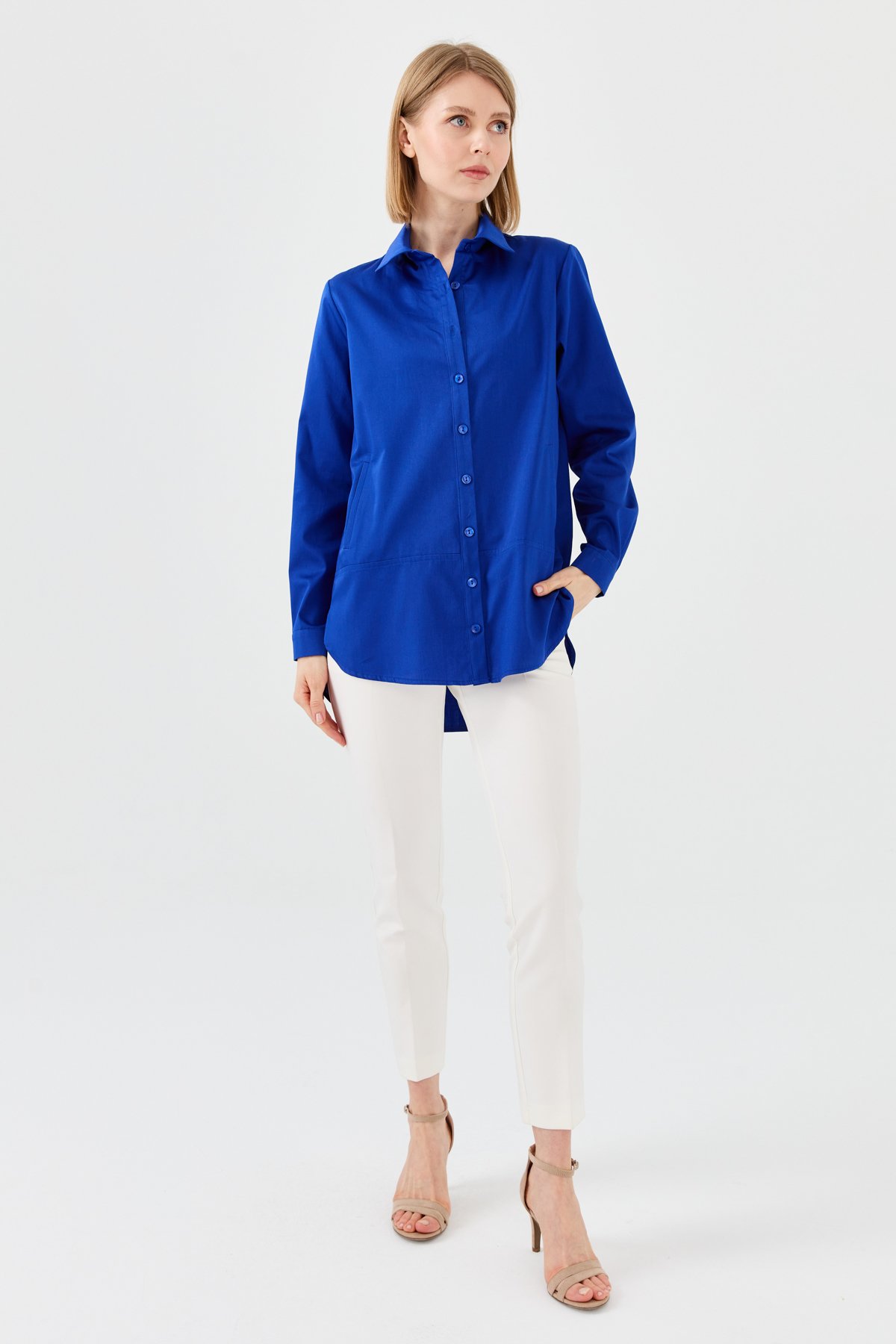 23853Kadın Cepli Saten Gömlek Saks