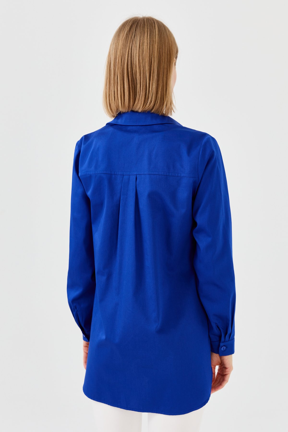 23853Kadın Cepli Saten Gömlek Saks