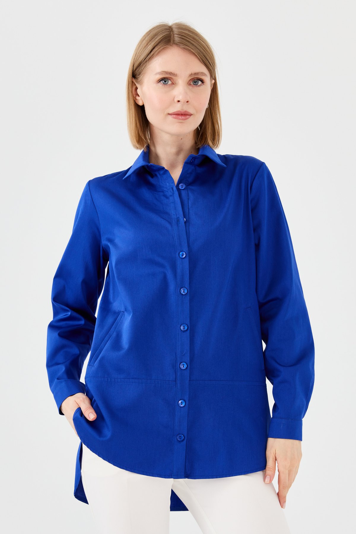 23853Kadın Cepli Saten Gömlek Saks